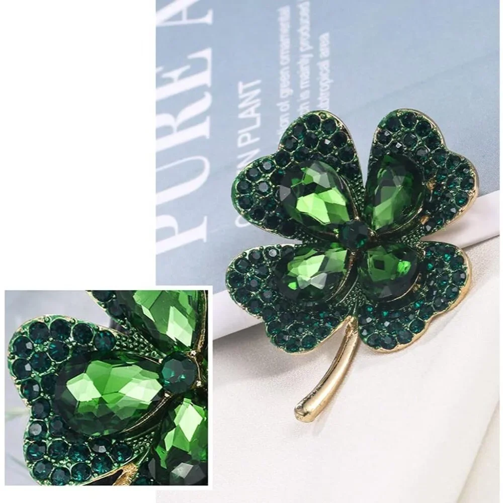 1Pcs Four Leaf Clover Brooch Vintage Green Crystal Pin Hat Bag Clothing Decorati - Picture 2 of 6
